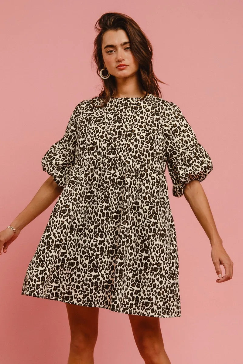BiBi Leopard Denim Dress With Back Contrast Tie Detail OFF WHITE LEOPARD
