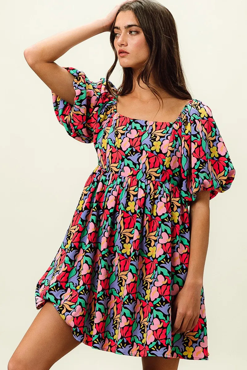BiBi Black Multi Floral Print Puff Sleeves Square Neck Dress