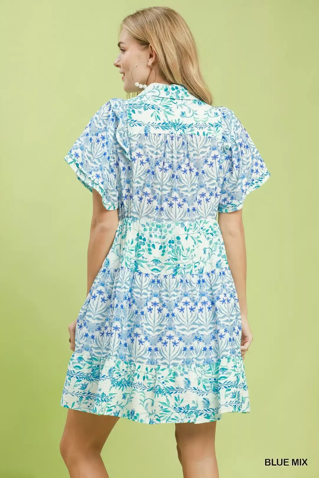Umgee Blue Mixed Floral Tiered Mini Dress with Flutter Sleeves