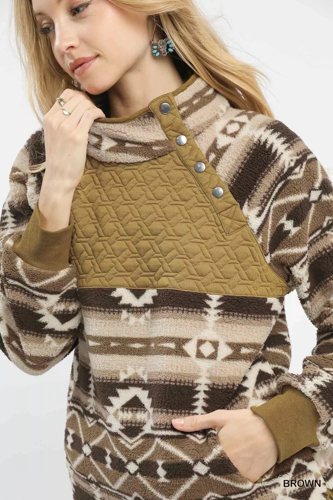 Umgee Brown Aztec Print Sherpa Pullover