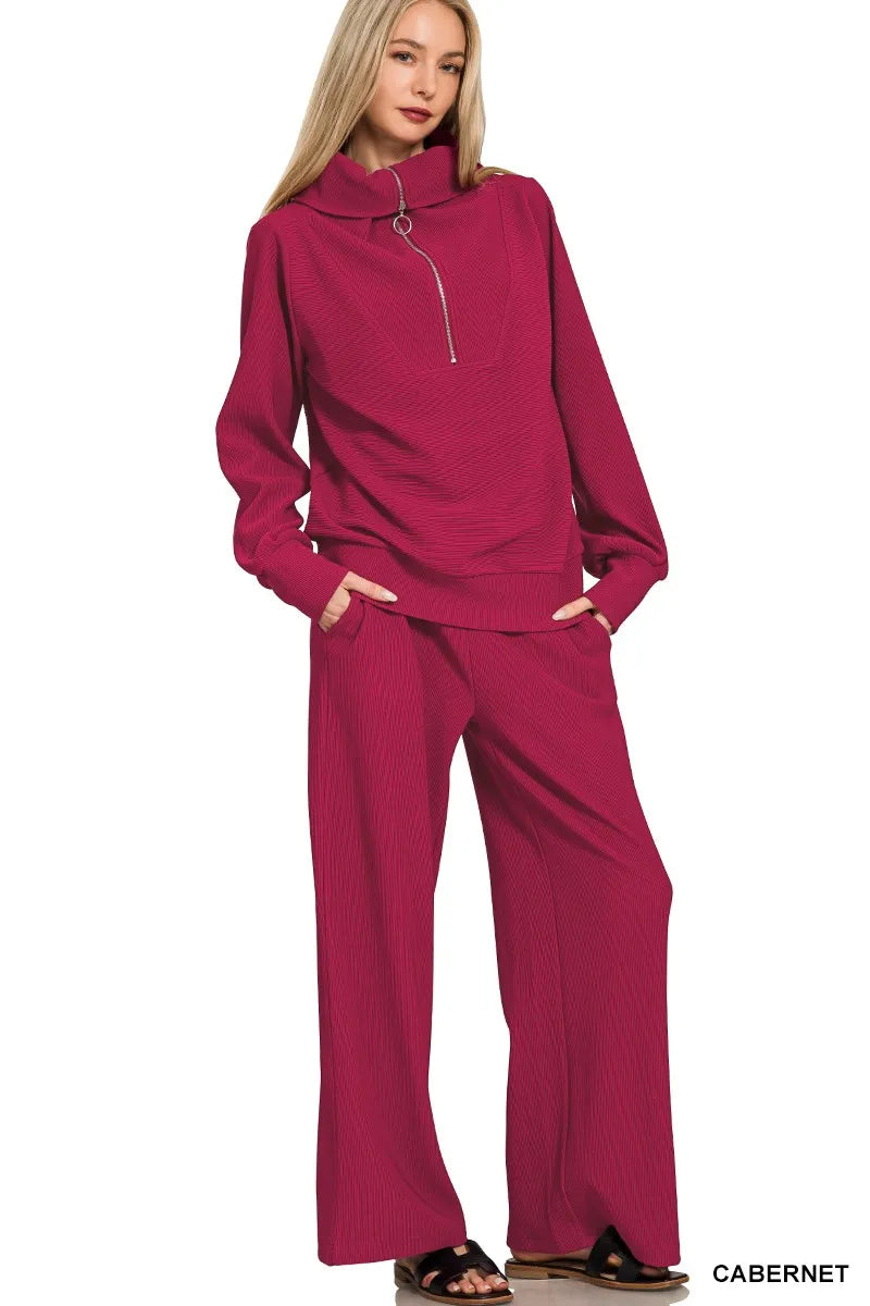 Zenana Carbernet Ribbed High Neck Half Zip Pullover & Pants Set