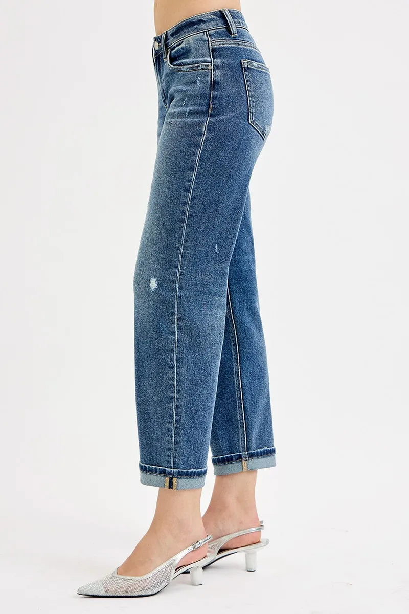 RISEN Dark Washed Low Rise Crop Boyfriend Jeans