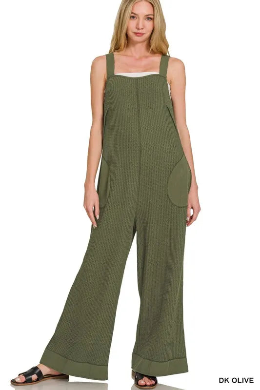 Zenana Dark Olive Knit Waffle Wide Leg Overalls DK OLIVE
