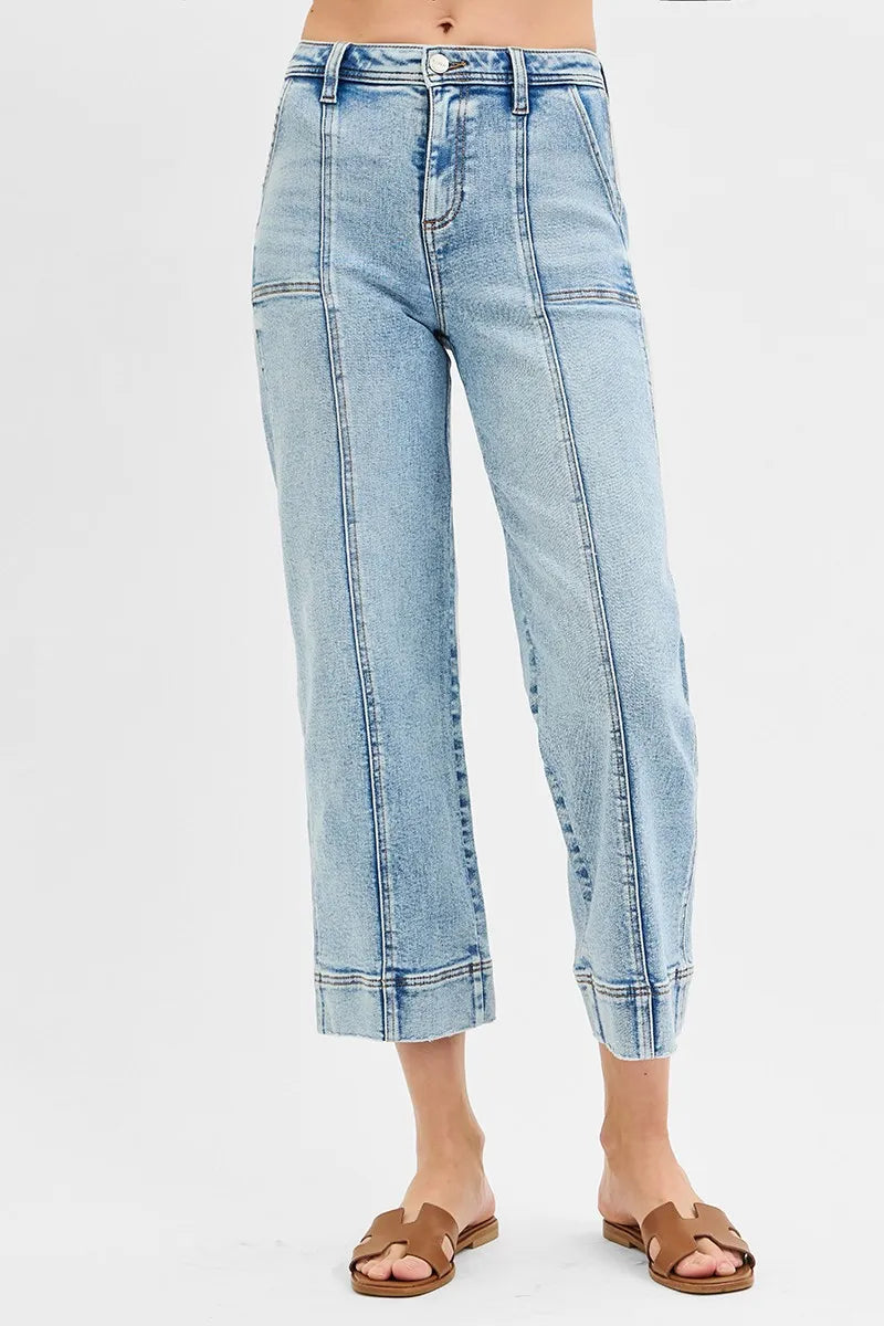 RISEN Light Washed High Rise Crop Wide Front Seam Detailed Jeans