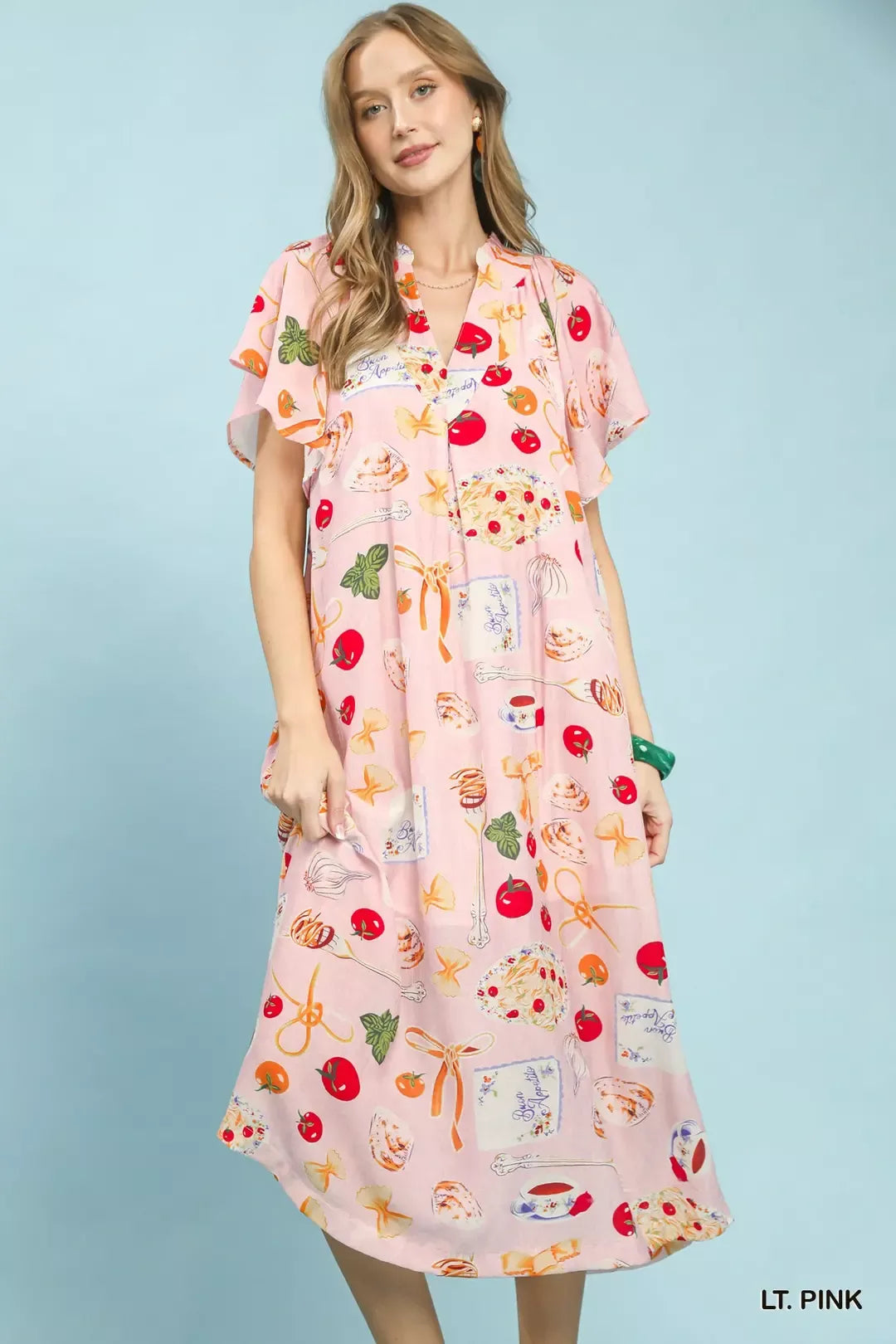 Umgee Light Pink Abstract Print Flutter Sleeve Midi Dress LT. PINK