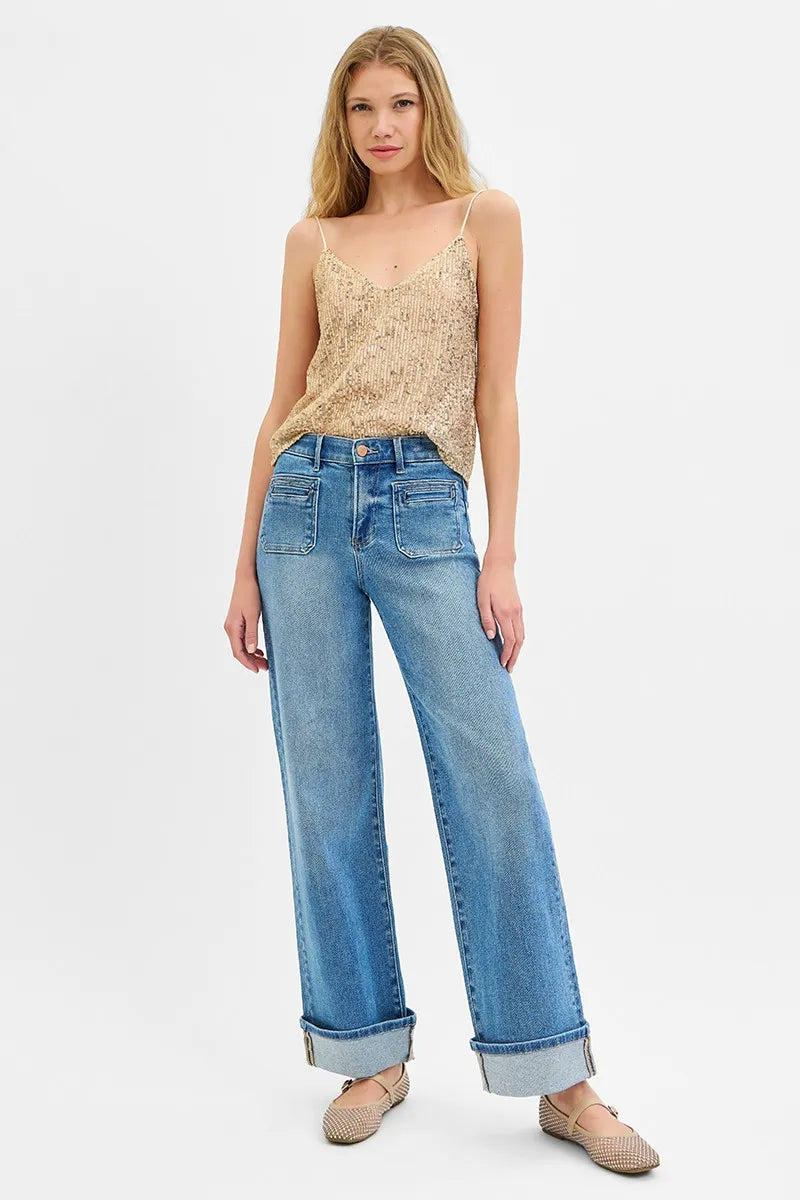RISEN Elastic Band Mid Rise Wide Front Patch Pocket Cuff Jeans
