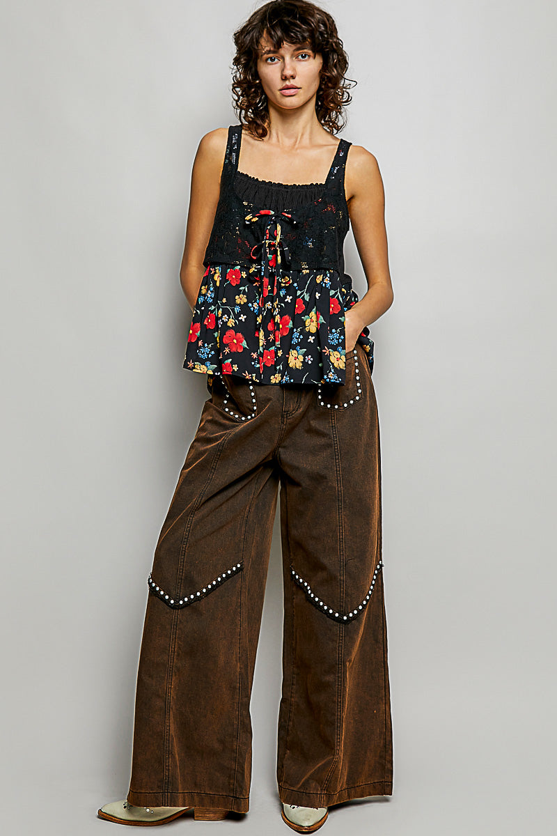 POL Black Ribbed Sleeveless Top with Lace Bust Floral Woven Patch
