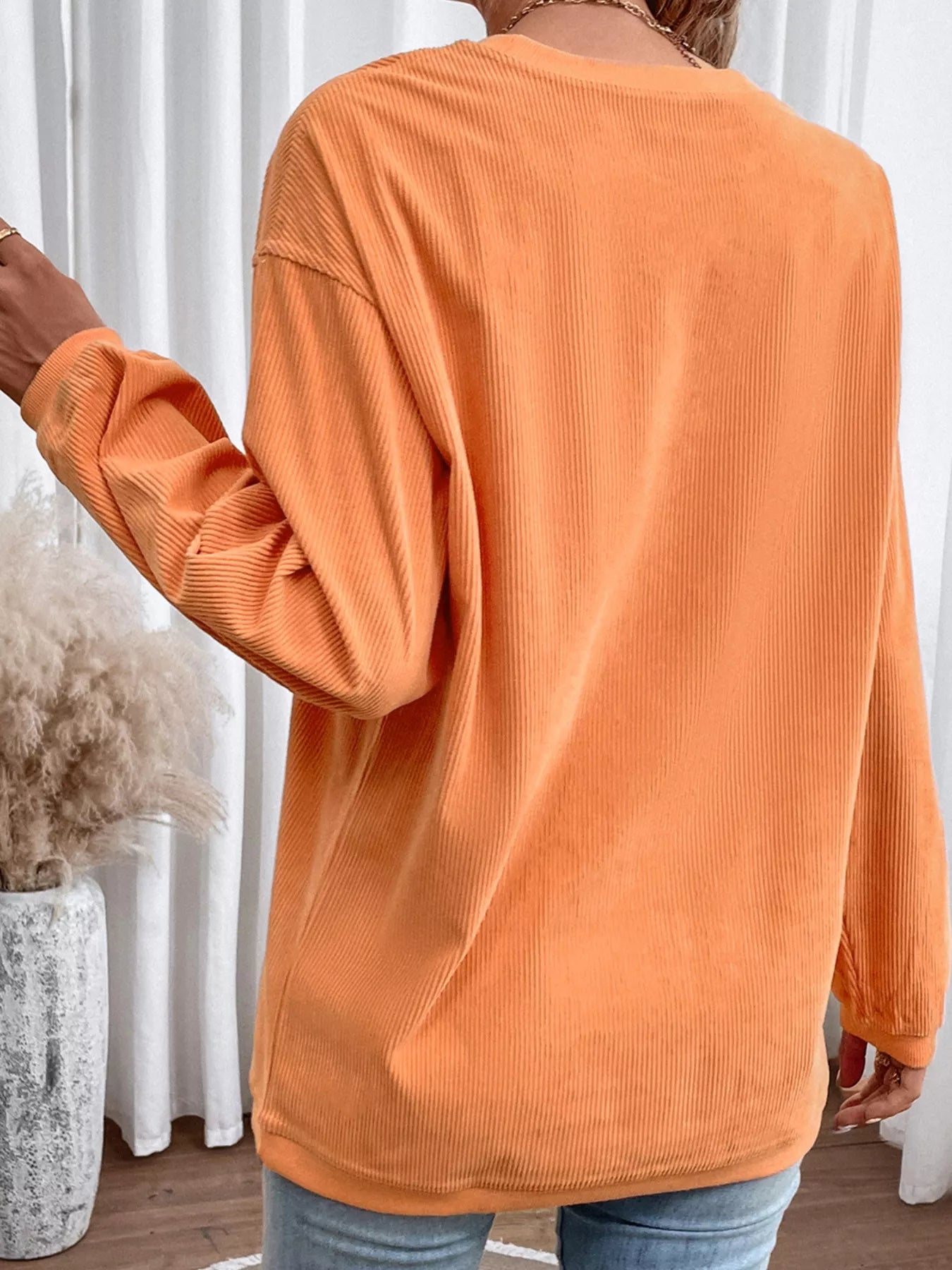 Preorder: Tangerine Halloween Sequined Pumpkin Ribbed Round Neck Sweatshirt