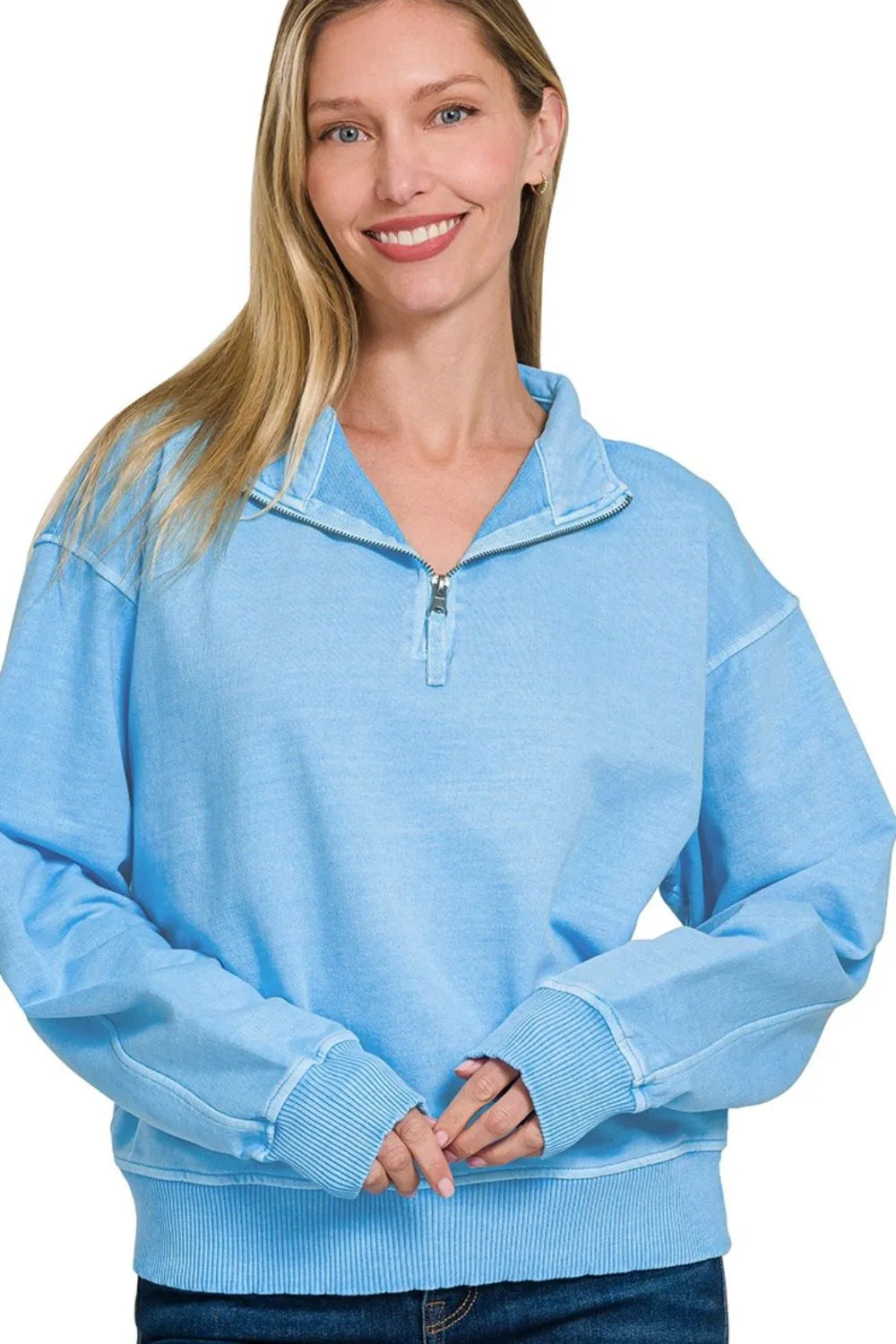 Zenana Deep Sky Pigment Dye & Enzyme Washing Half Zip Top