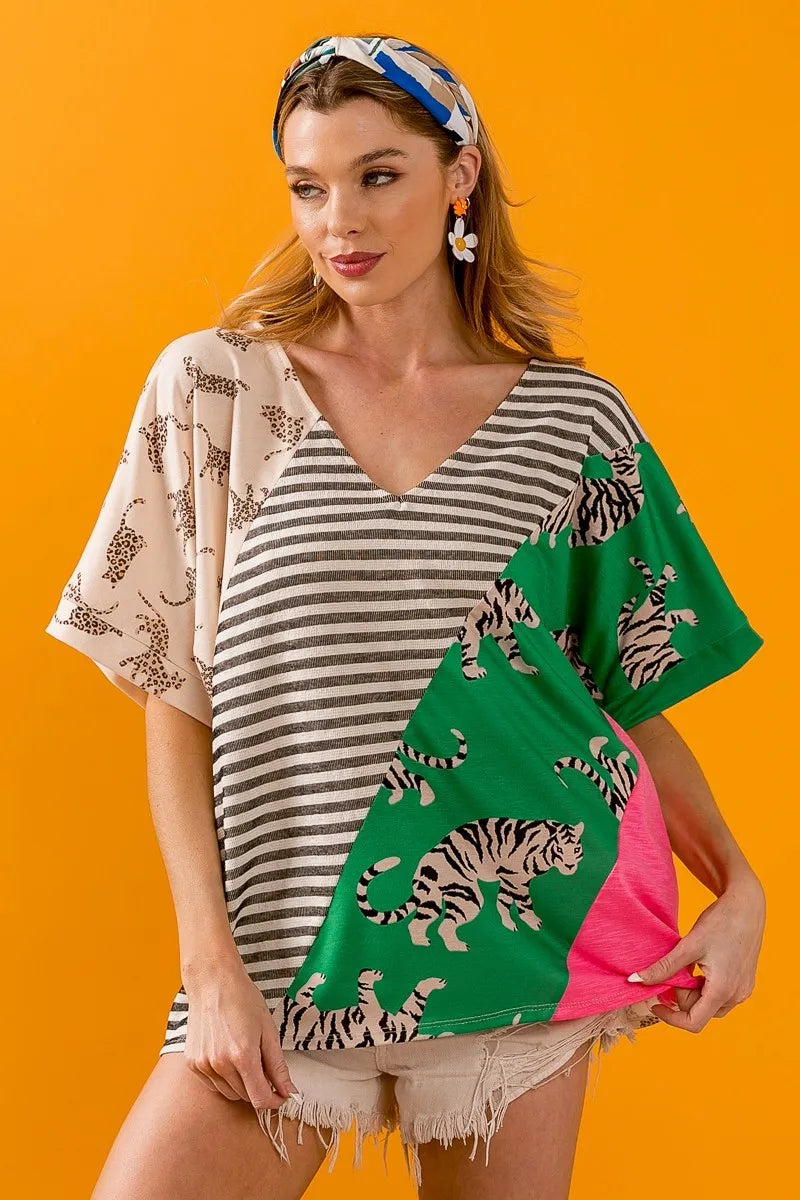 BiBi Tiger W Stripe Contrast Color Block V Neck Top