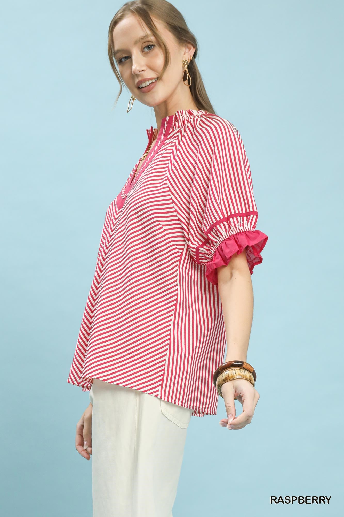 Umgee Raspberry Stripe Ruffle Sleeve Split-Neck Blouse