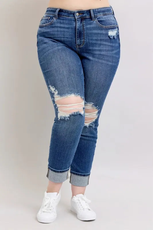 Judy Blue Dark Washed Midi Rise Boyfriend Destroyed Jeans with Yoke Pockets and Faux Selvedge Cuff