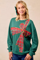 BiBi Plaid Ribbon Bow Detail Christmas Fleece Pullover – Green/Red Plaid GREEN RED PLAID