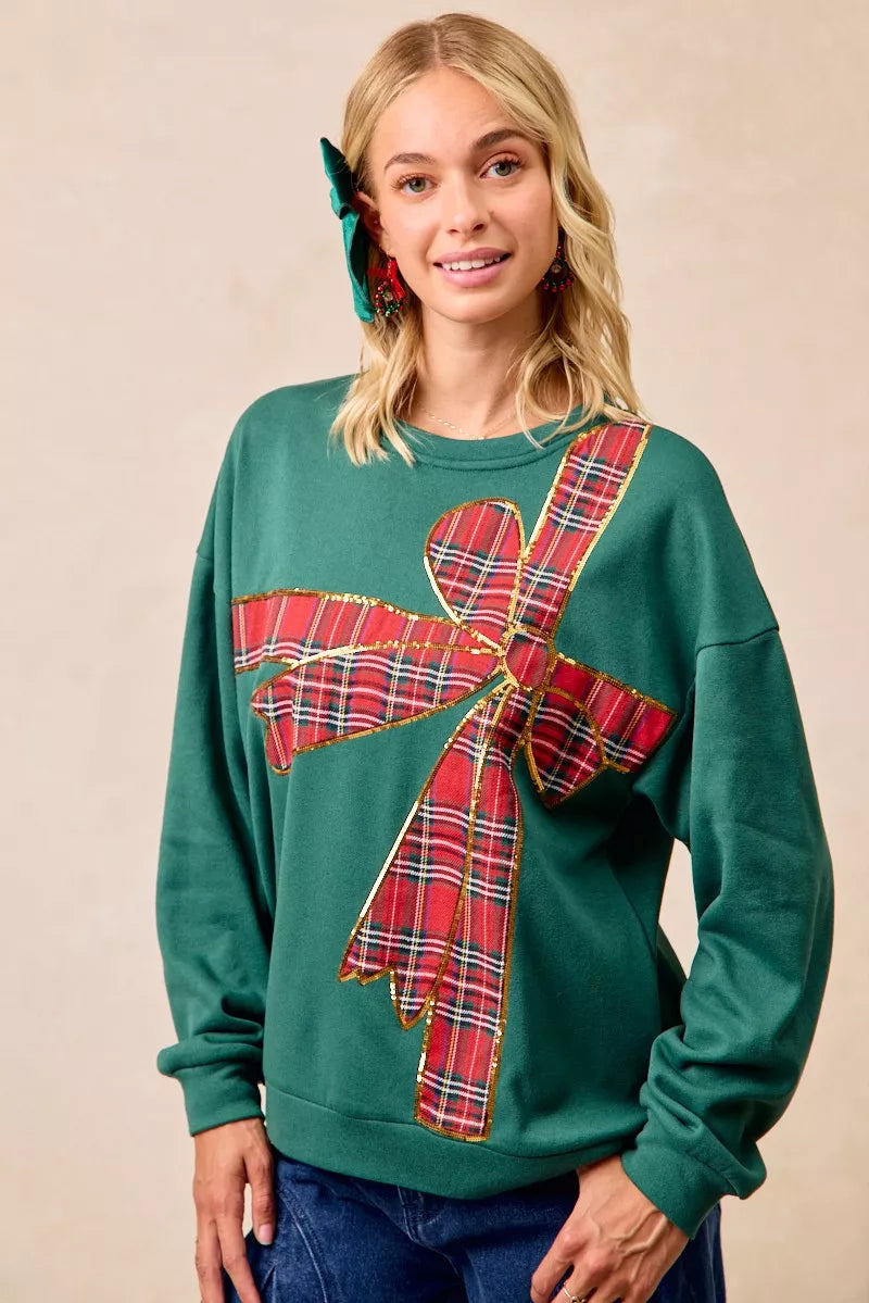 BiBi Plaid Ribbon Bow Detail Christmas Fleece Pullover – Green/Red Plaid GREEN RED PLAID