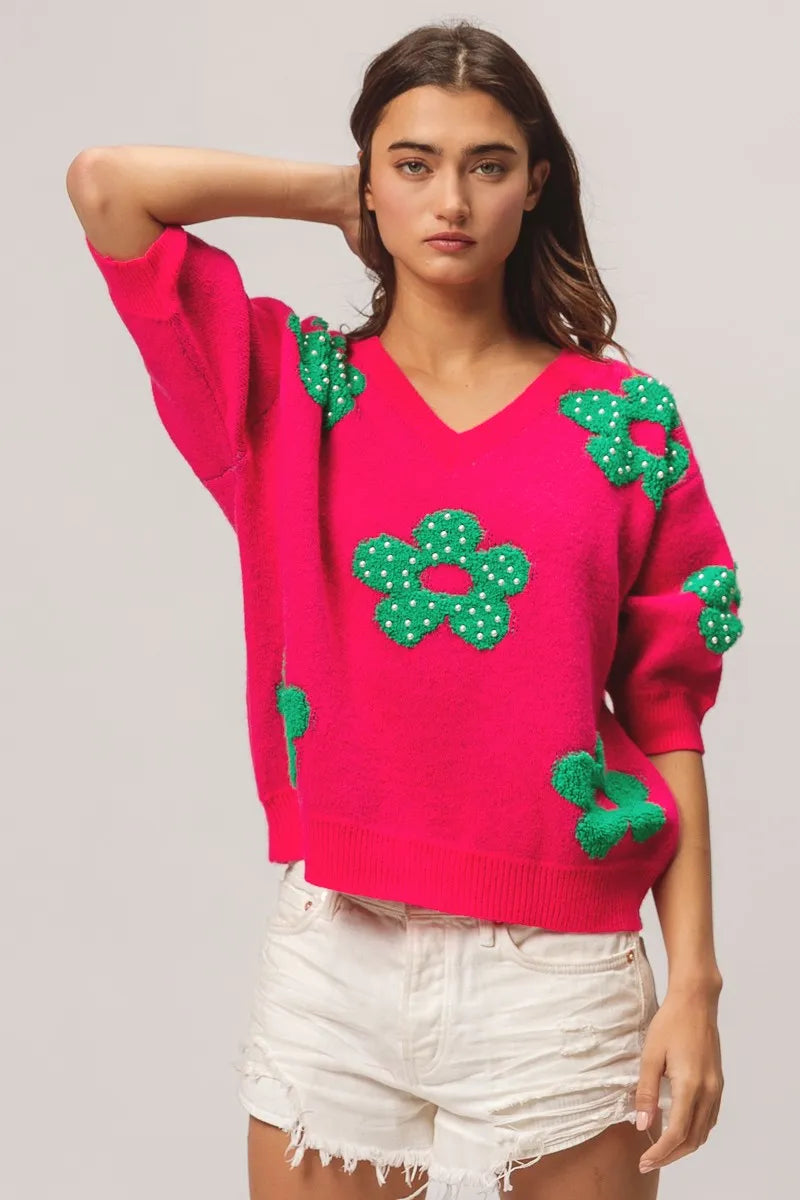 BiBi Fuchsia & Jade Pearl Beads Flowers Sweater Top