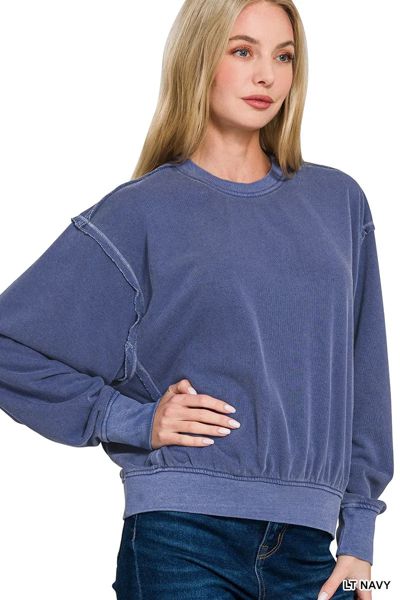 Zenana Light Navy Soft Fleece Pigment Dye Round Neck Pullover