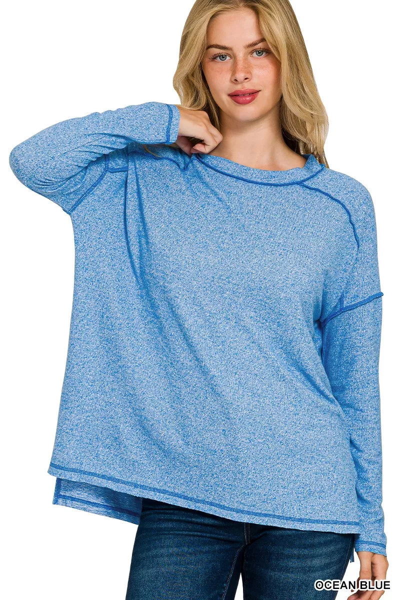 Zenana Ocean Blue Melange Hacci Exposed Seam Hi-low Top