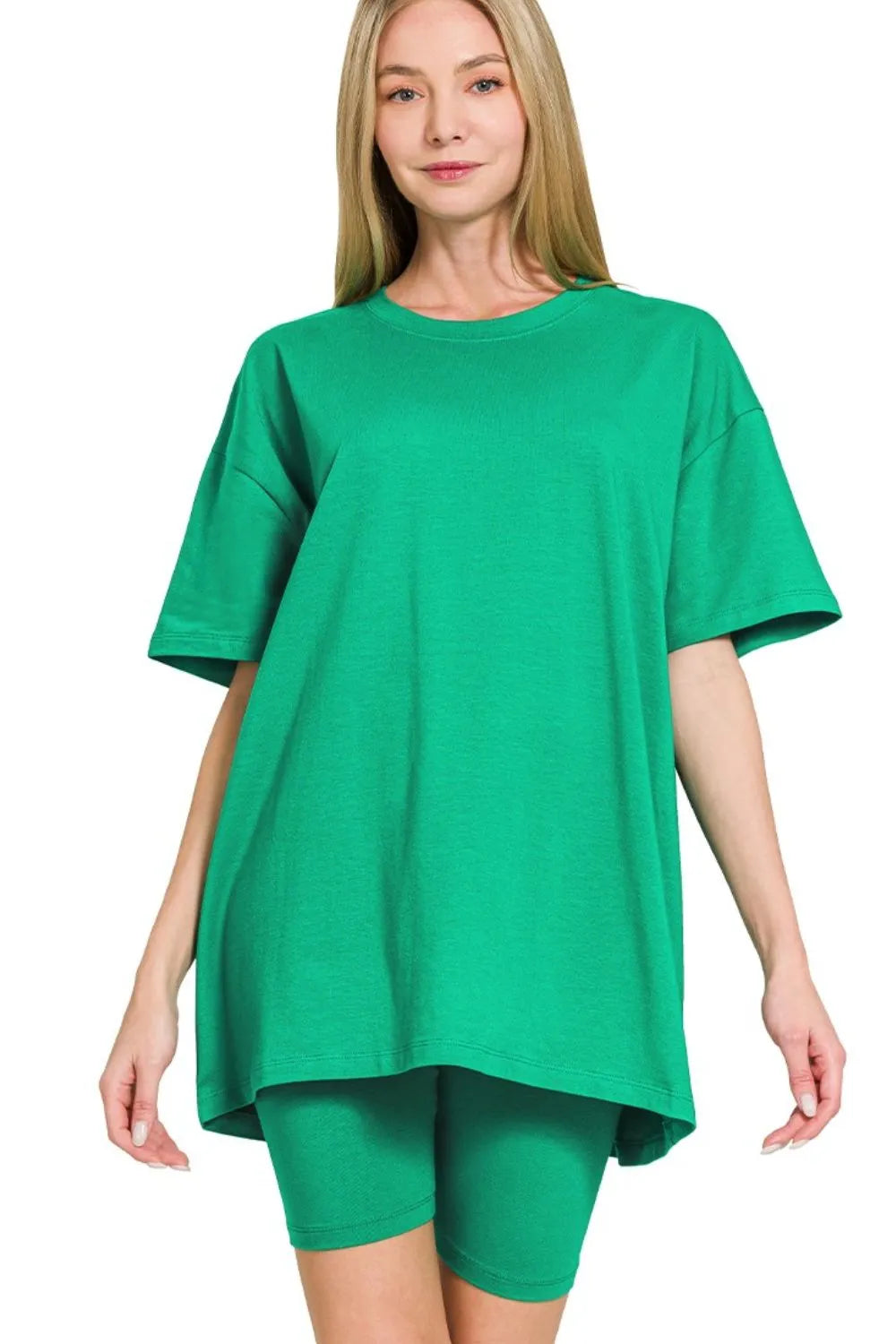 Zenana Kelly Green Cotton Round Neck Top & Biker Shorts