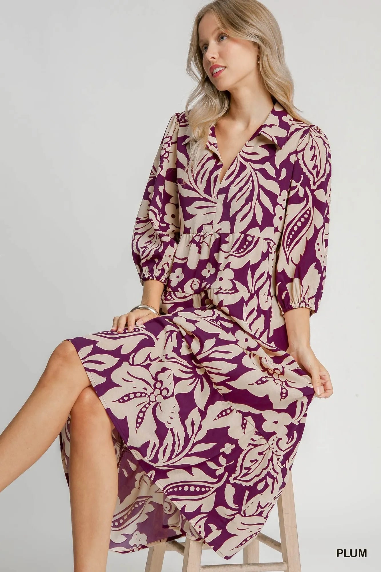 Umgee Plum Floral Print Tiered Midi Dress
