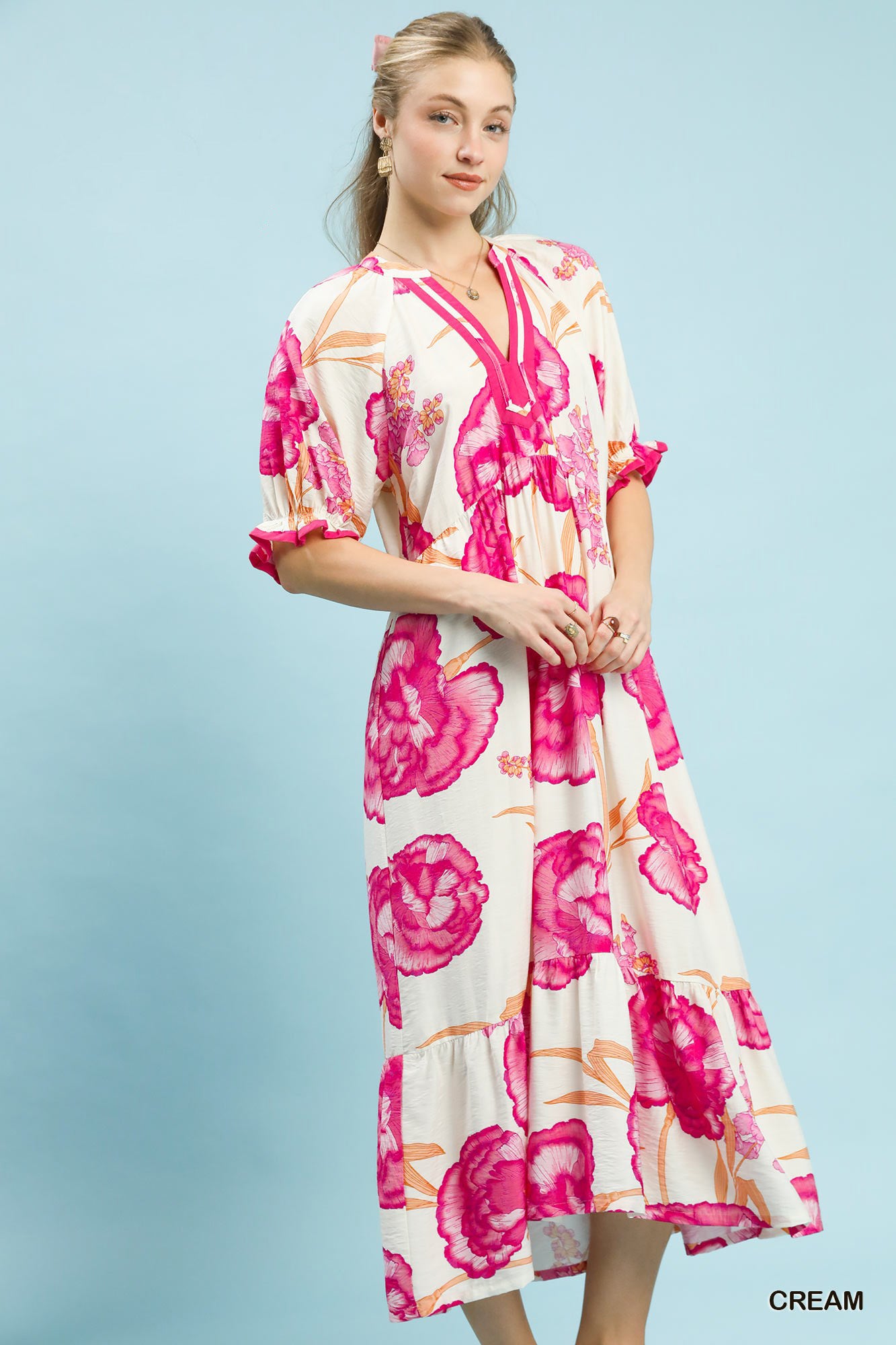 Umgee Cream Floral Print Midi Dress with Contrast Trim