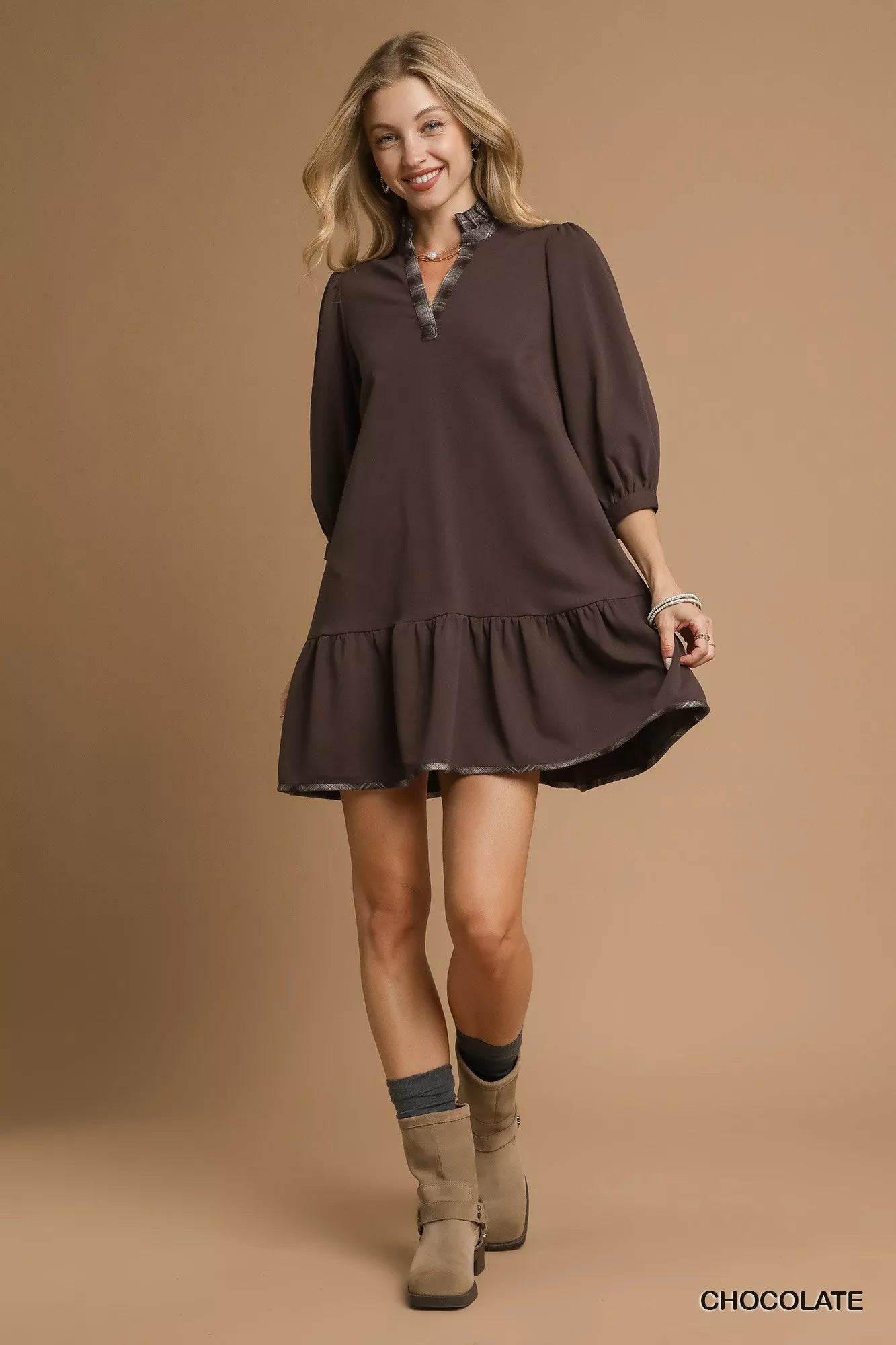 Umgee Chocolate French Terry Ruffle Hem Dress with Plaid Trim