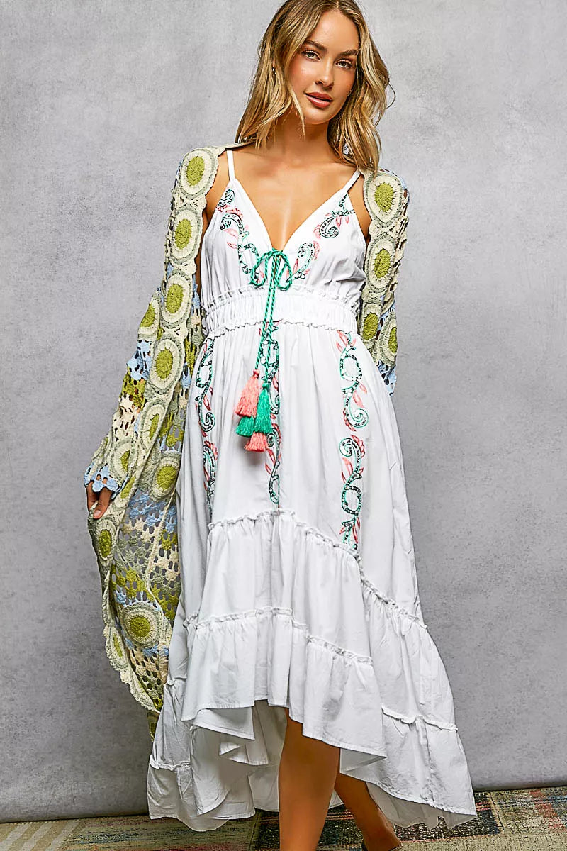 POL Scalloped Edge Open Front Crochet Cardigan with Colorful Stripe Pattern