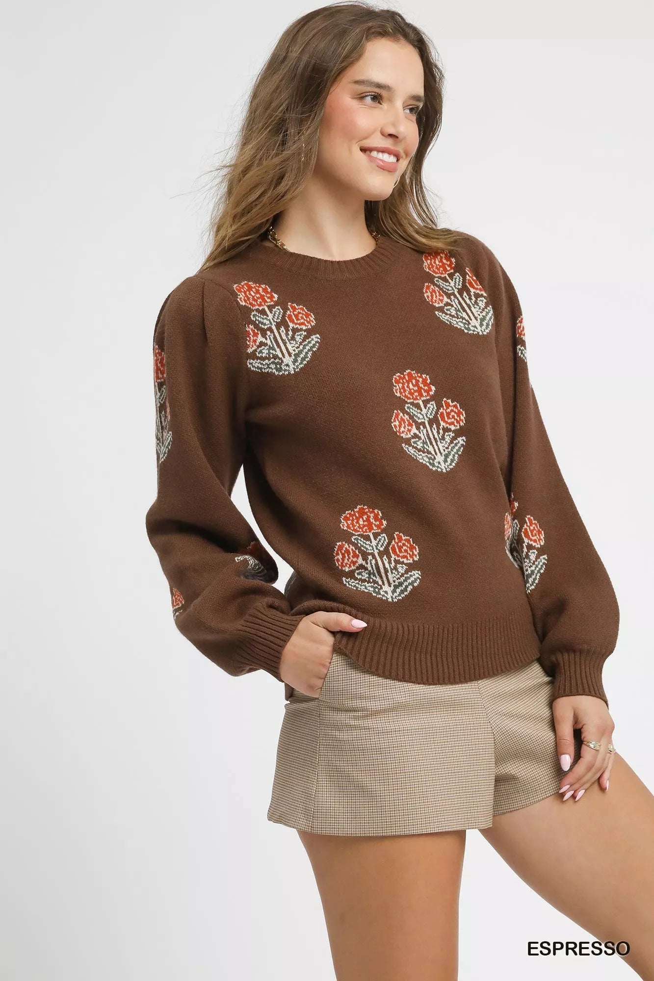 Umgee Espresso Floral Knit Sweater with Puff Sleeves