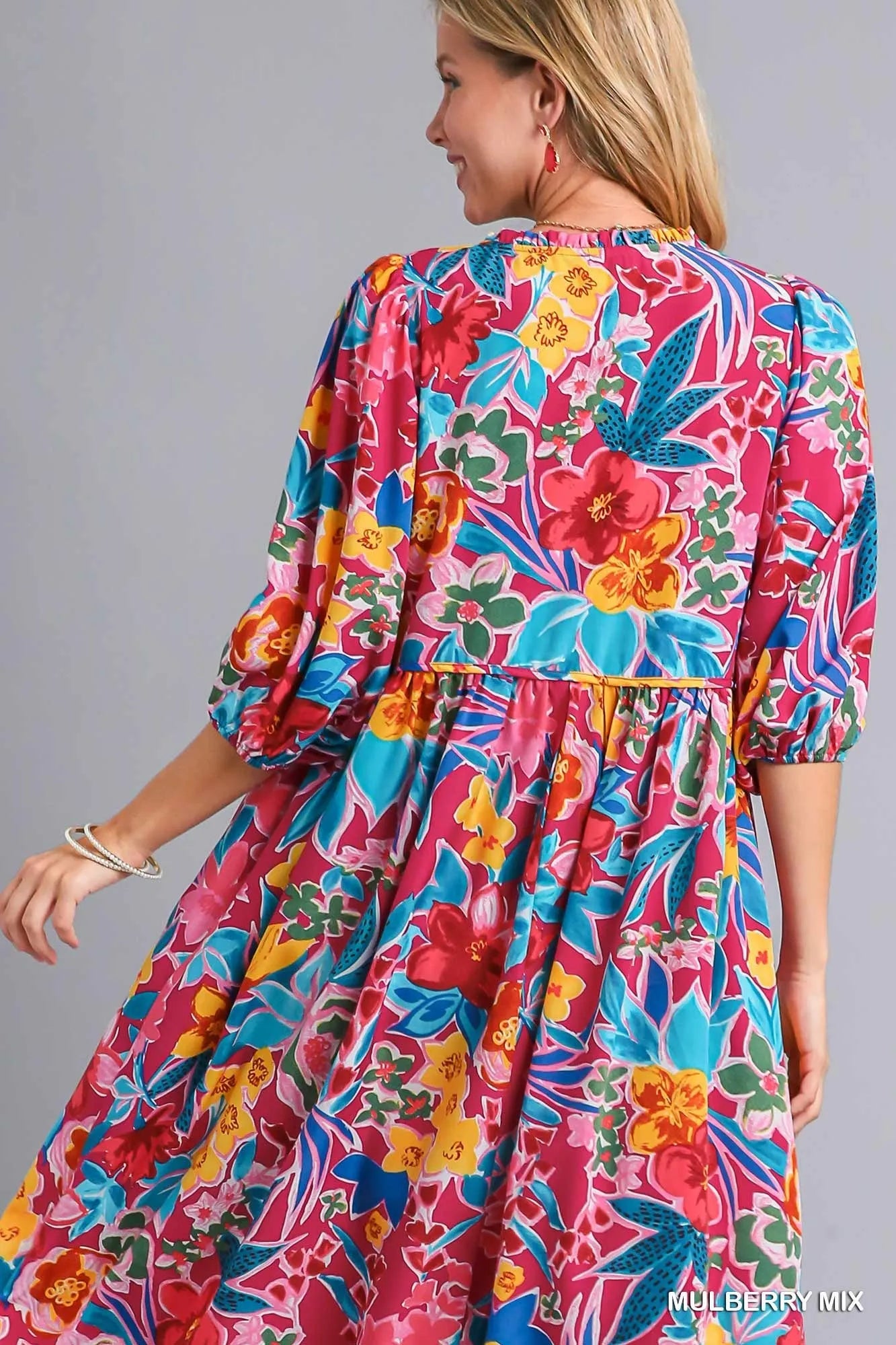 Umgee Mulberry Mix Floral Print Tie Neck Midi Dress with Pockets