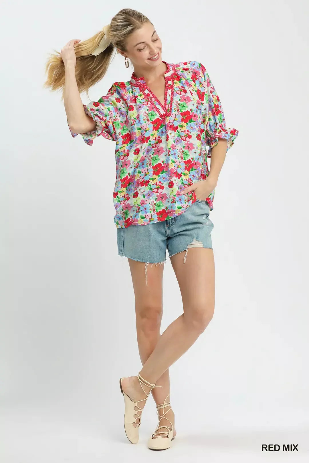 Umgee Red Mix Floral Print Ruffle Top