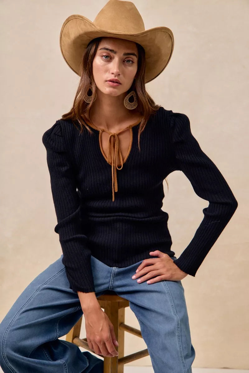 BiBi Black & Camel Ribbed Contrast Front Tied Top with Shrried