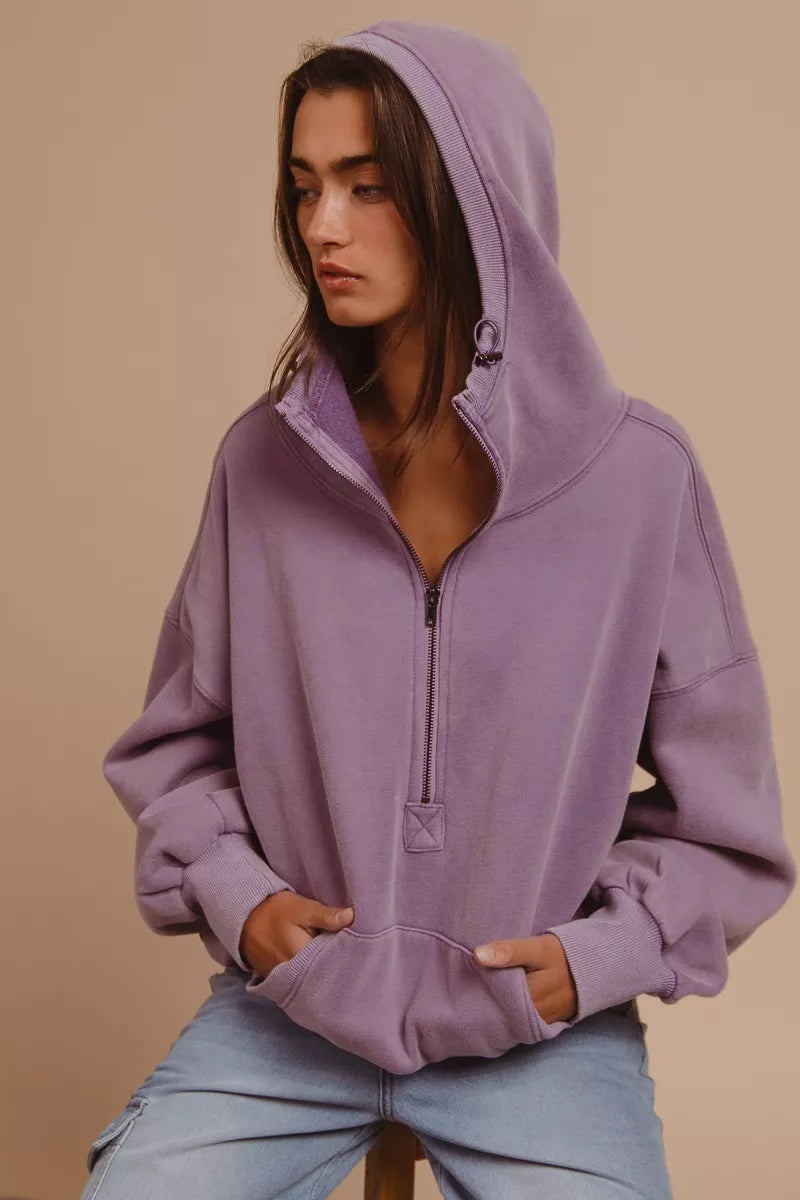 BiBi Periwinkle Stitch Detailed Elastic Hem Half Zip Fleece Hoodie