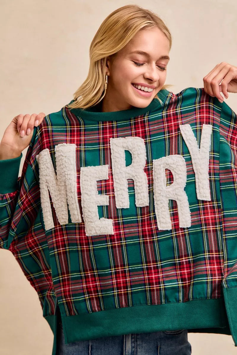 BiBi Merry Letter Patches Christmas Plaid Sweatshirt