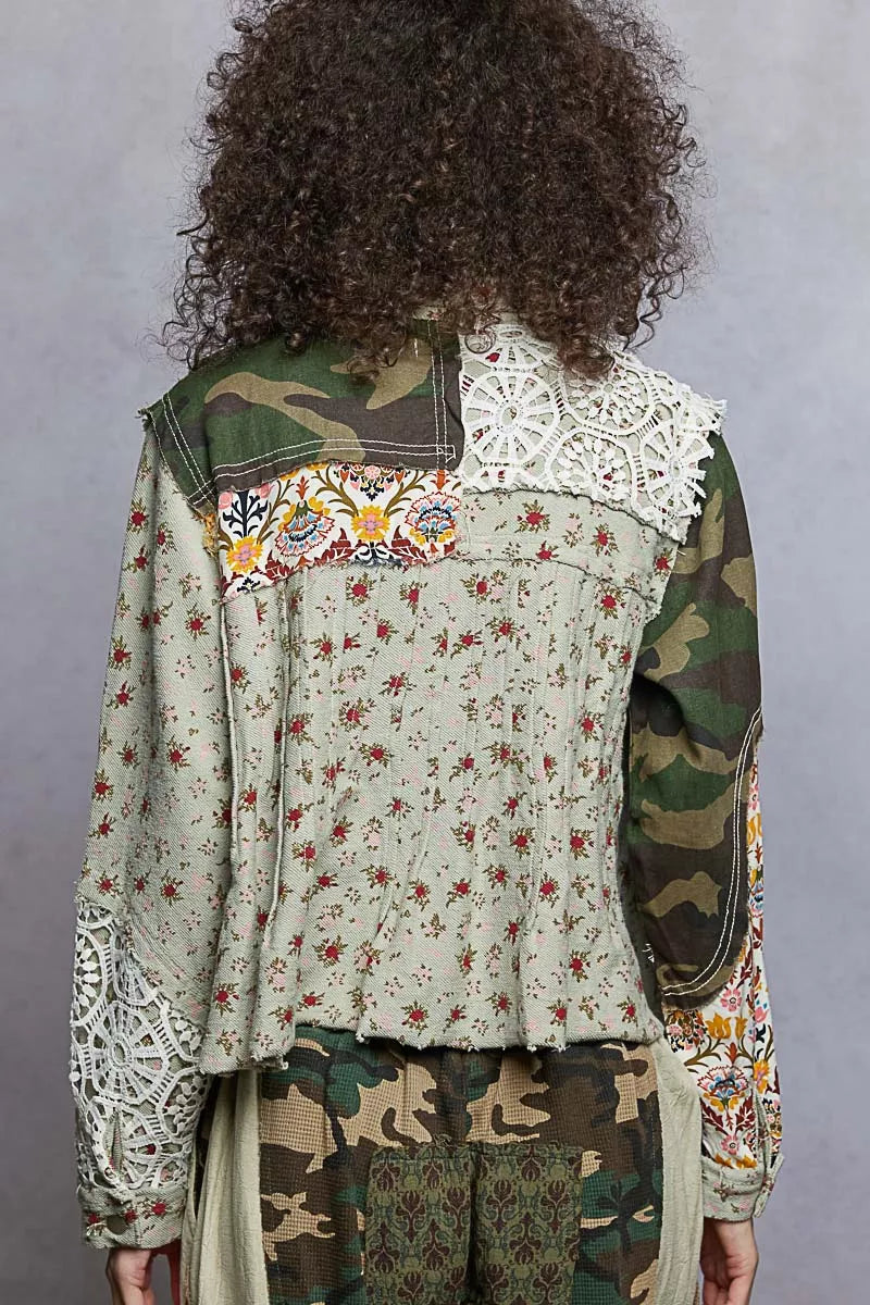 POL Olive Multi Floral Printed French Terry Jacket with Crochet Contrast Jacket