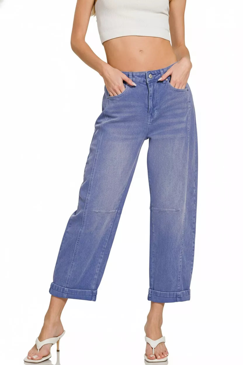 Zenana Marline High Rise Barrel-Leg Cropped Jeans