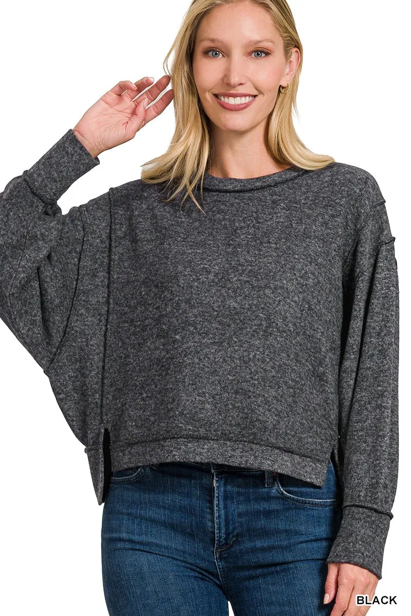 Zenana Black Brushed Melange Hacci Oversized Pullover BLACK