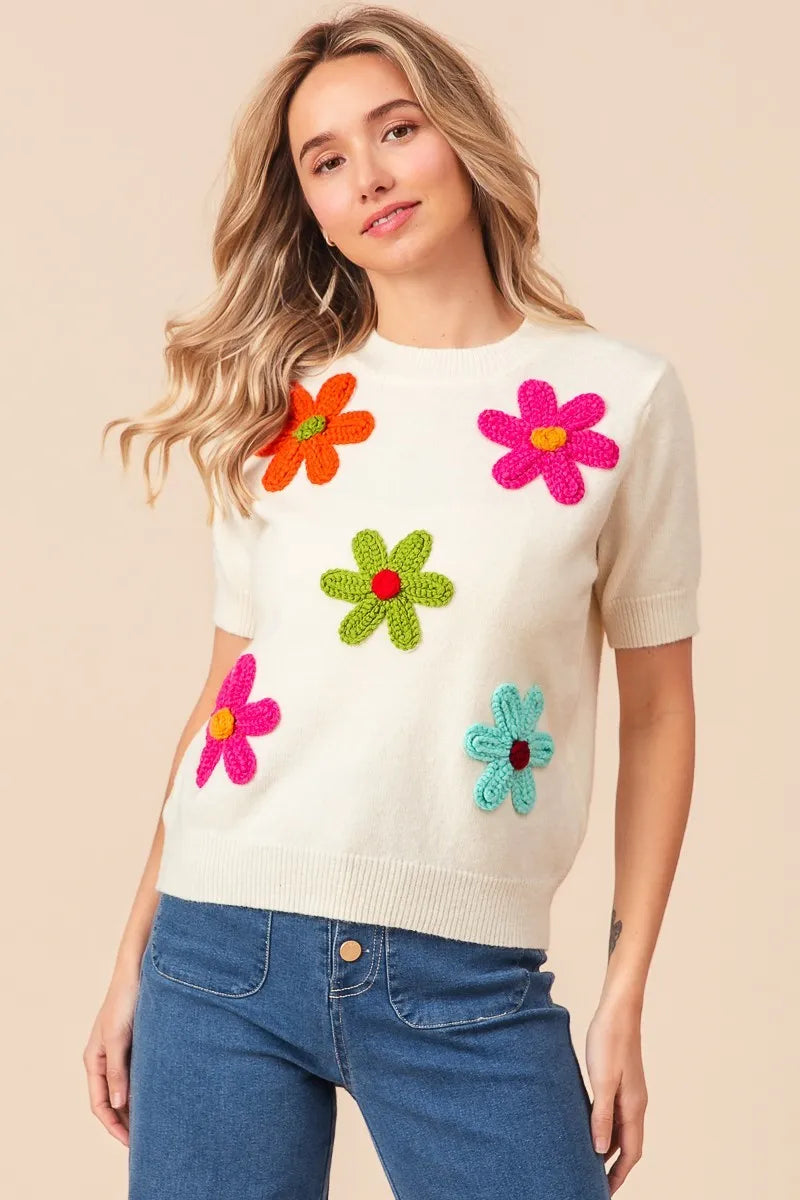 BiBi Ivory Crochet Flower Patch Sweater Top