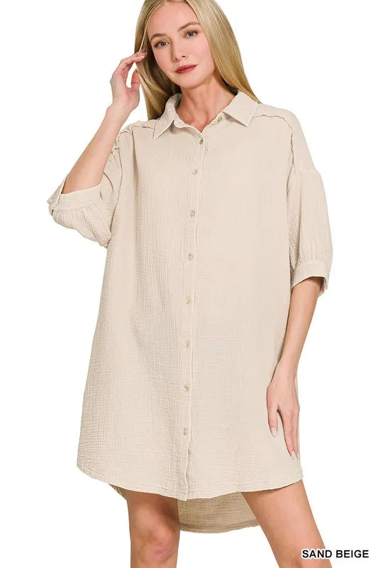 Zenana Sand Beige Washed Double Gauze Button Down Shirt Dress