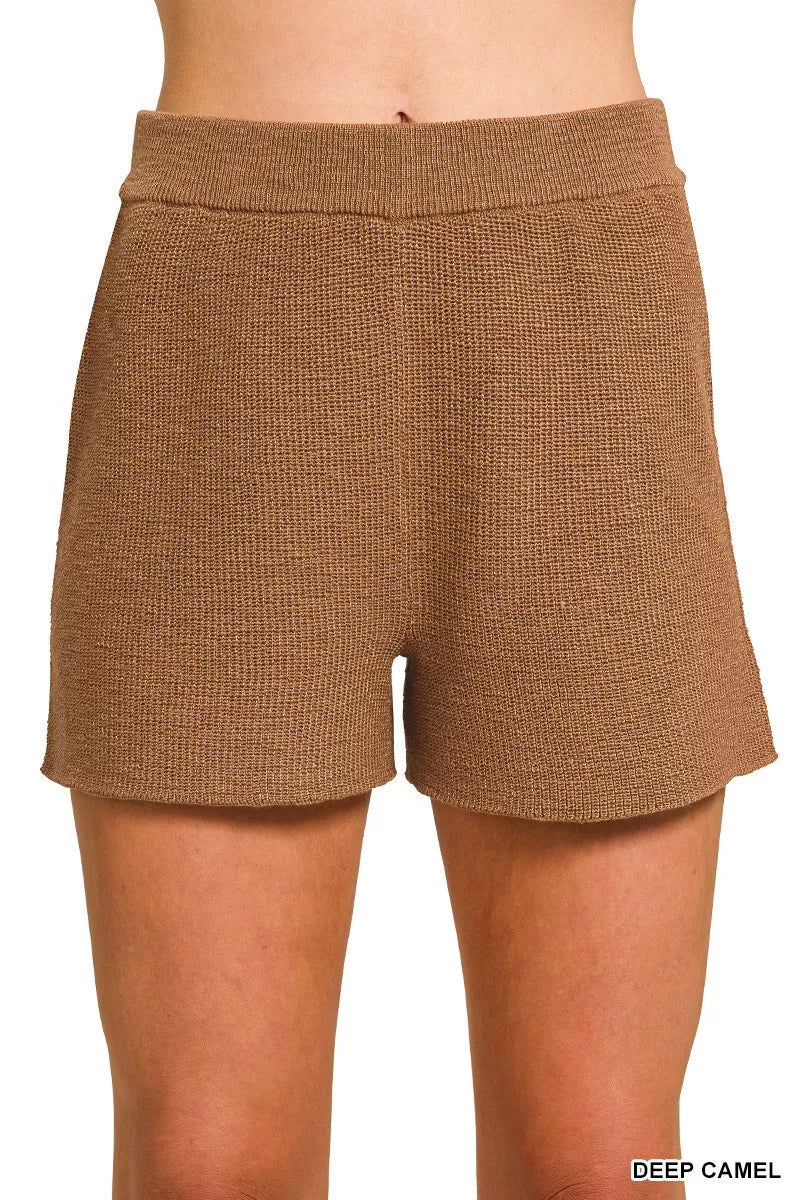 Zenana Deep Camel Round Neck Knit Top and Shorts Sweater Set