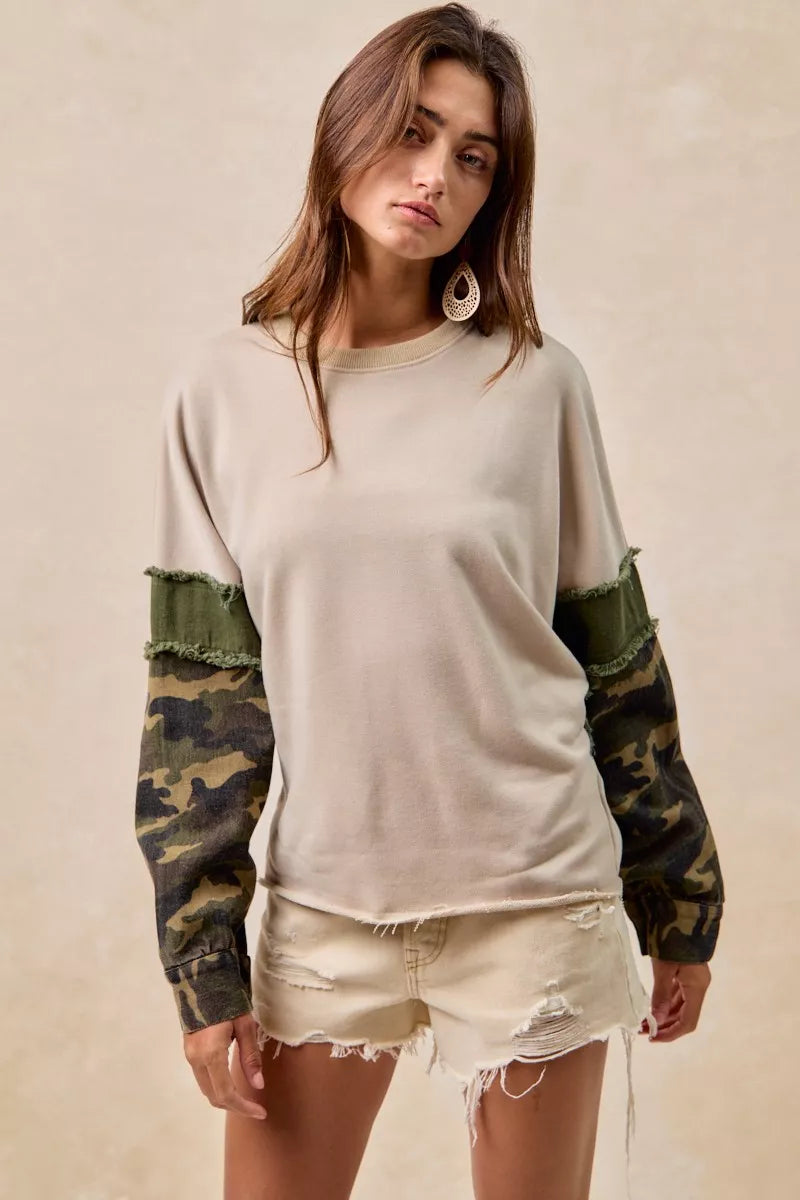 BiBi Taupe & Olive Camo Sleeve French Terry Top with Frayed Edge