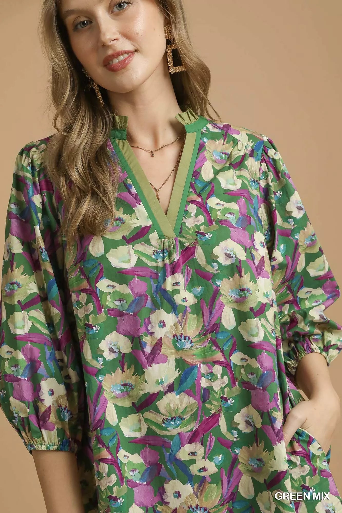 Umgee Green Mix Boho Floral Balloon Sleeve Mini Dress
