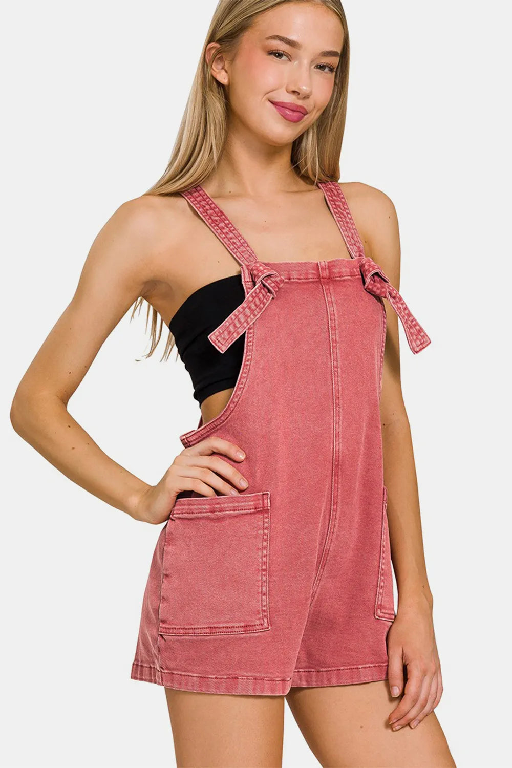 Zenana Washed Knot Strap Romper CABERNET