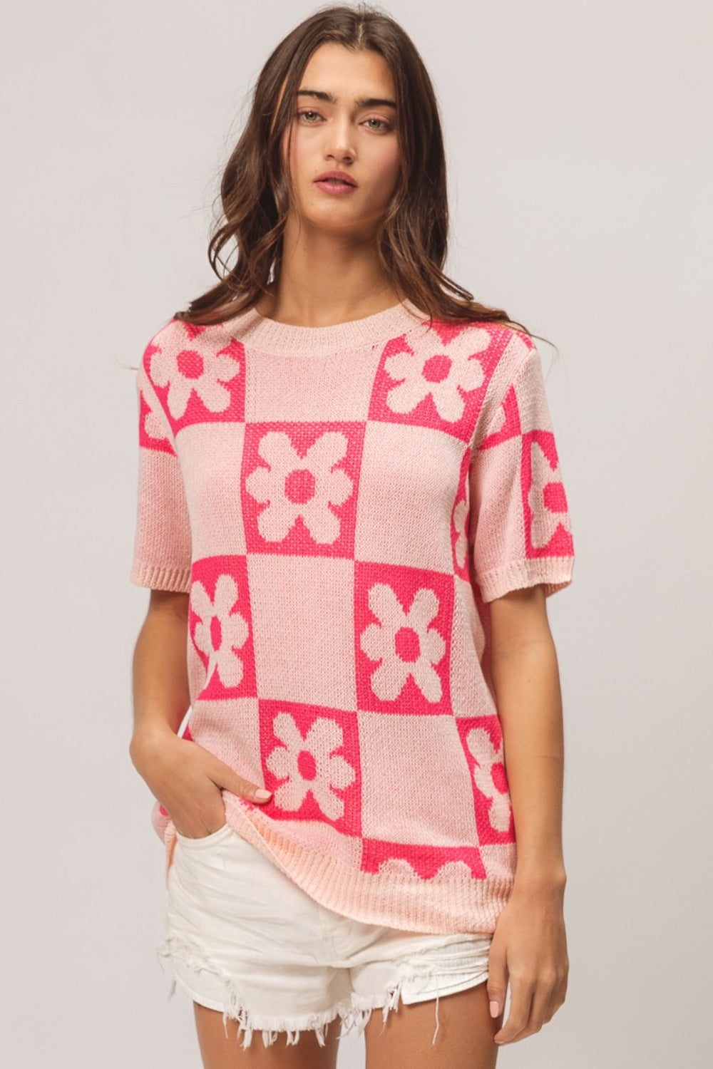 BiBi Blush Flower Checker Pattern Short Sleeve Sweater Shirts & Tops