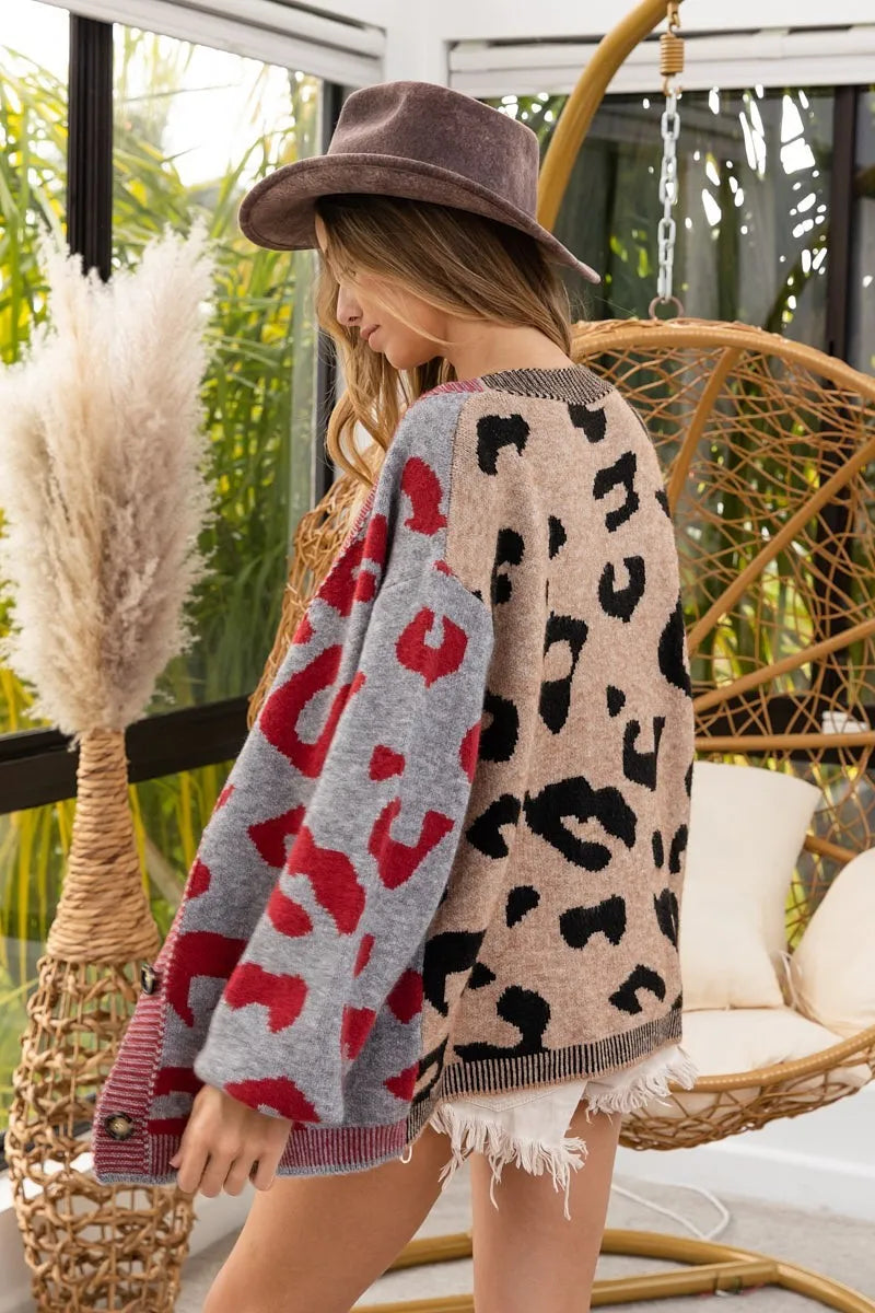 BiBi Taupe & Gray Leopard Color Block Button Down Sweater Cardigan