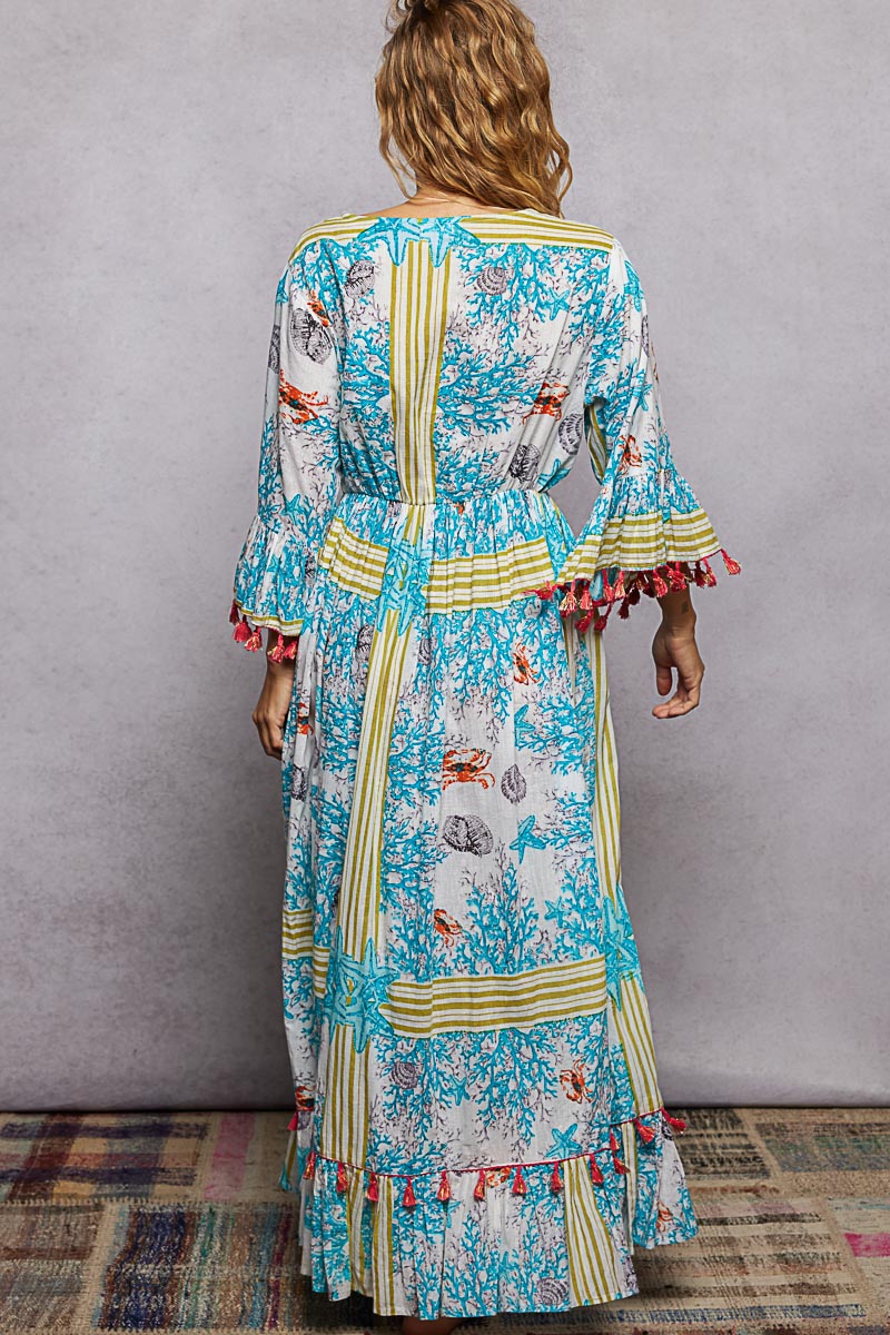 POL Blue Multi Bohemian Print Tassel Trim Maxi Dress