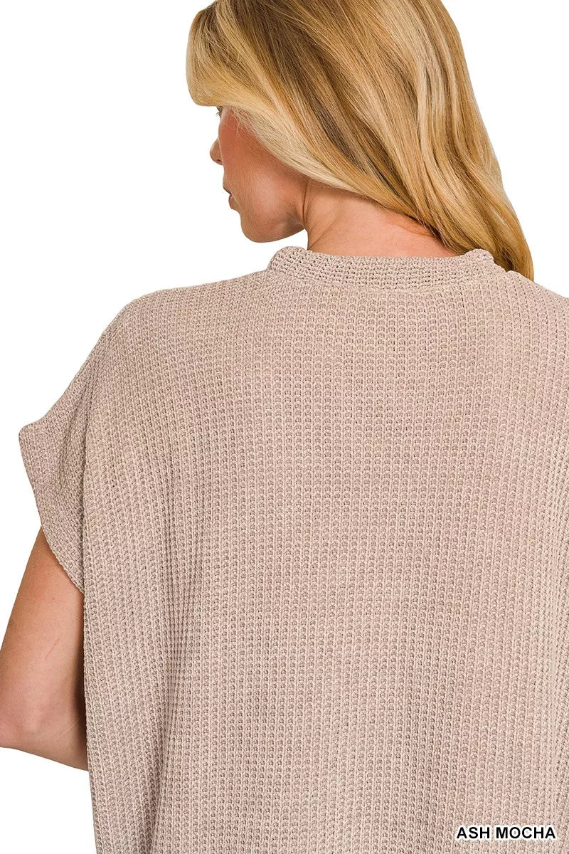 Zenana Ash Mocha Chenille Waffle Cap Sleeve Sweater