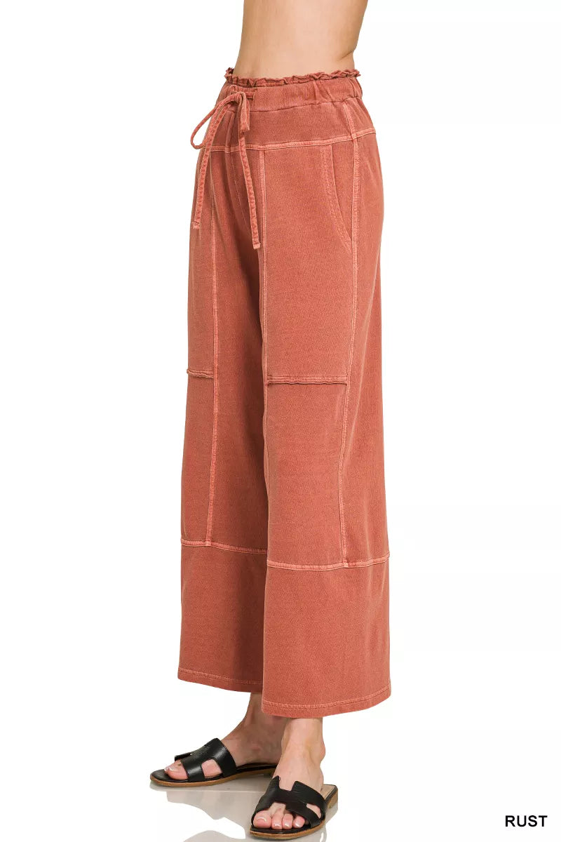 Zenana Rust French Terry Washed Exposed-seam Wide Leg Pants