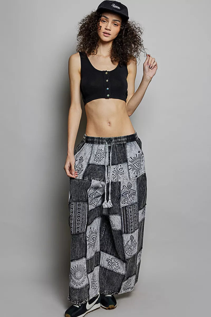 POL Black Multi Drawstring Bohemian Patchwork Wide Leg Pants