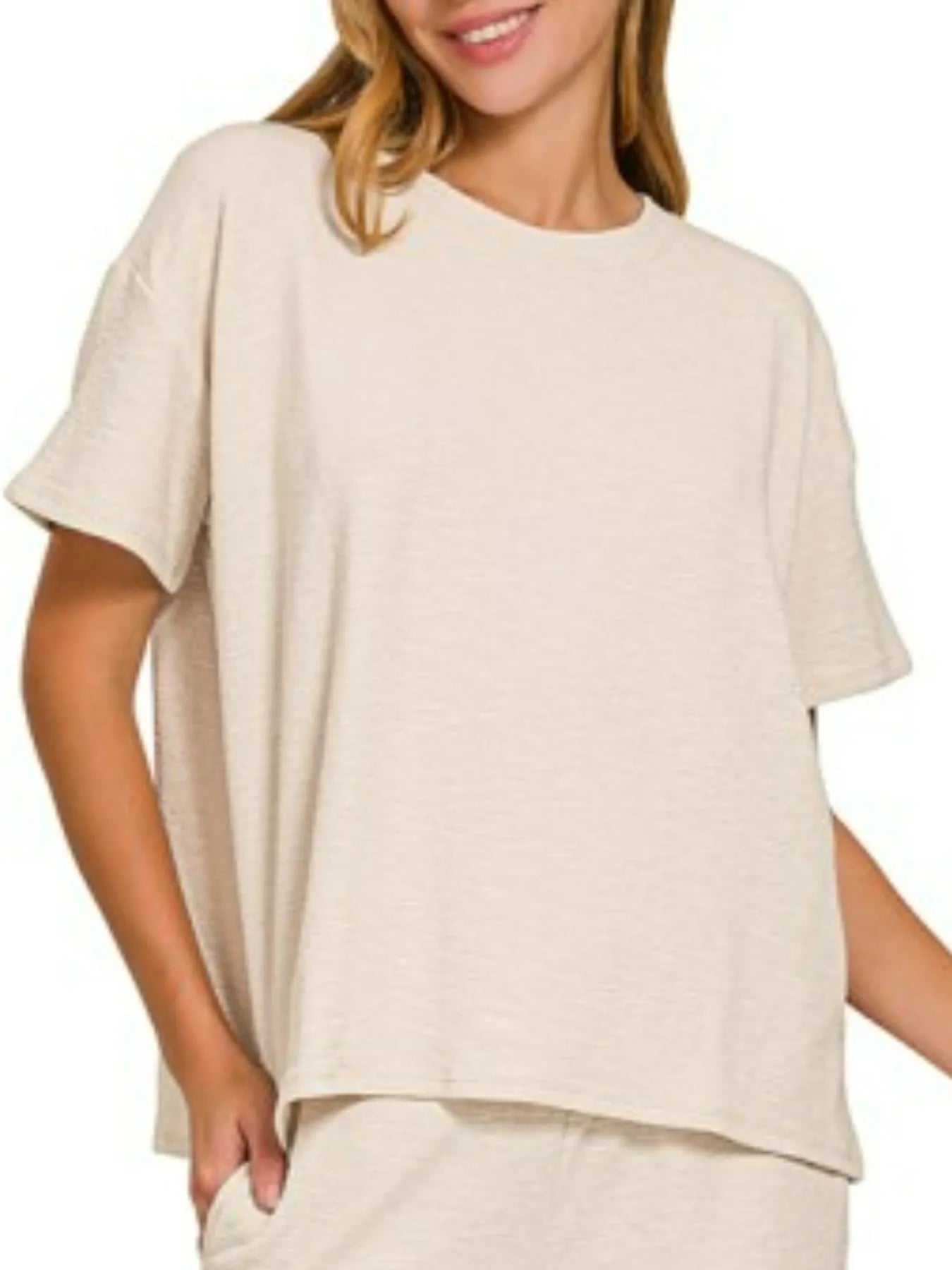 Zenana Sand Beige Slub Short Sleeve T-Shirt and Pants Set