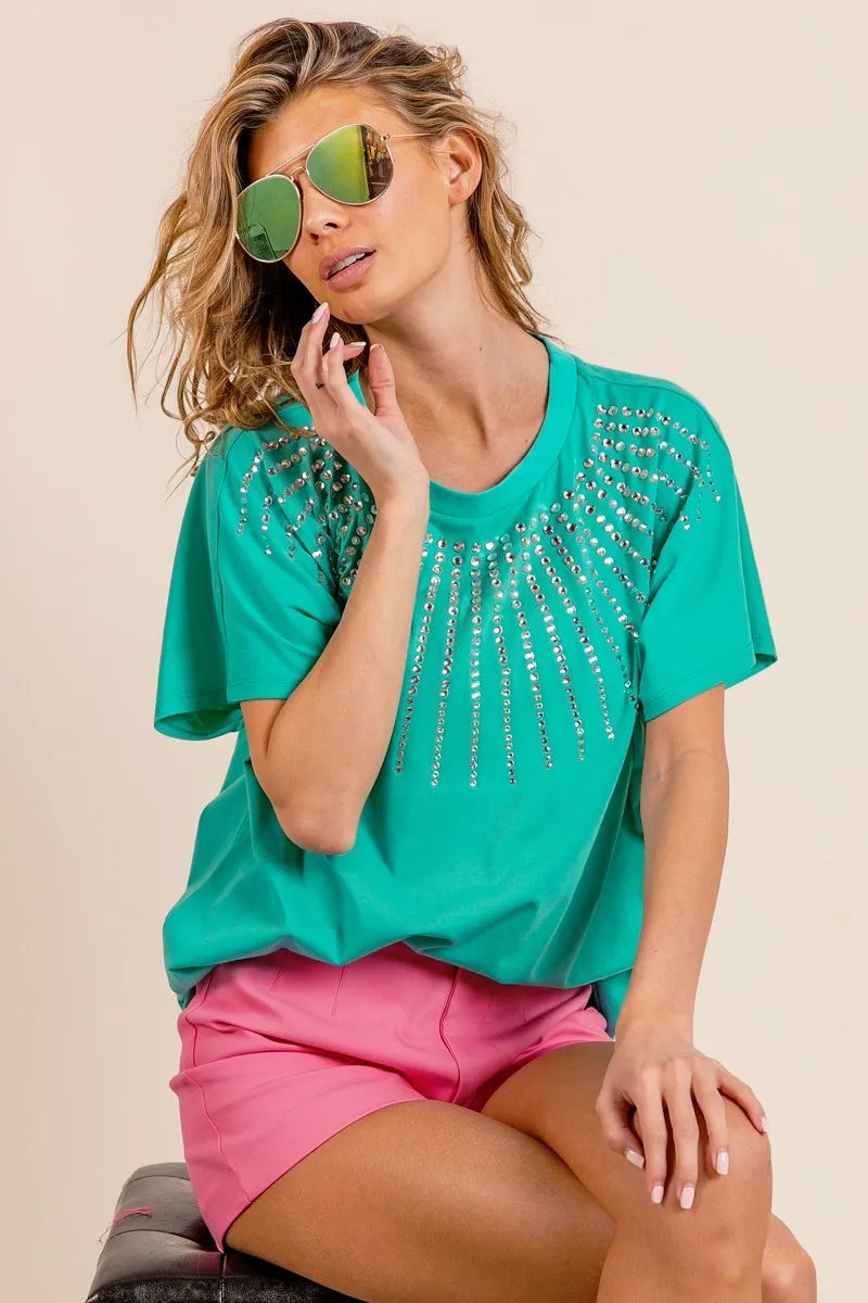 BiBi Jade Rhinestone Beaded Short Sleeve Top