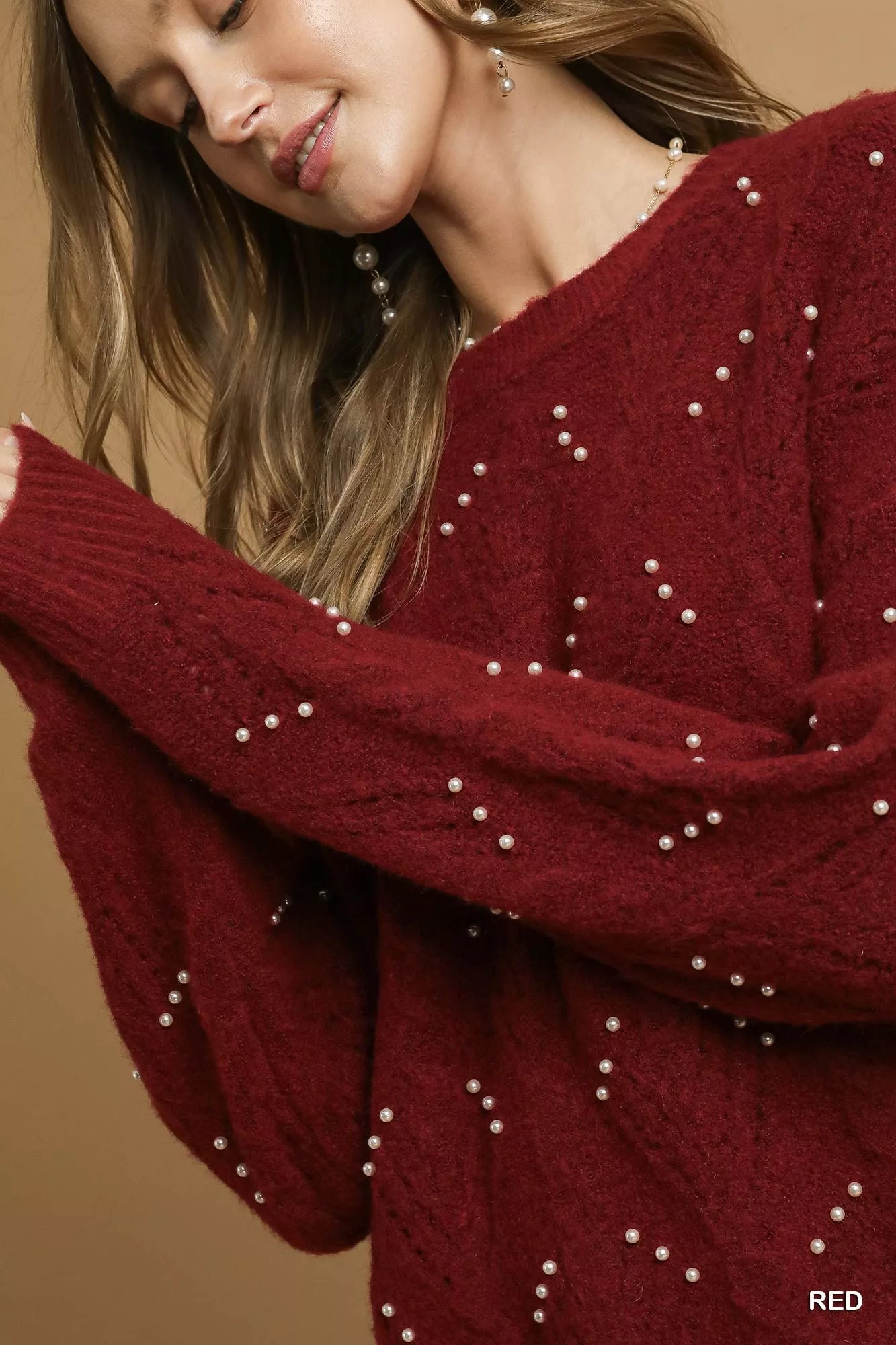 Umgee Red Pearl-Embellished Long Sleeve Sweater Red